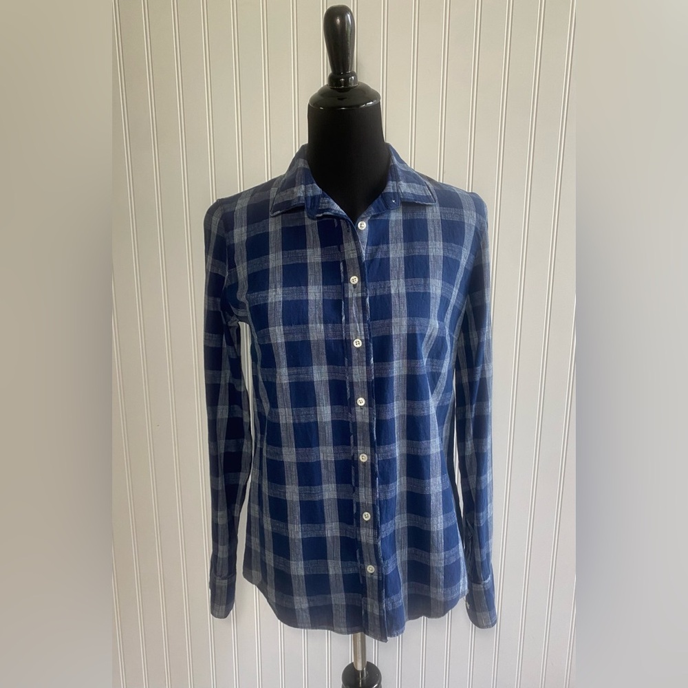 J Crew Boy Fit Shirt Top Size 6  Blue Plaid Long Sleeve Blouse Cotton Preppy